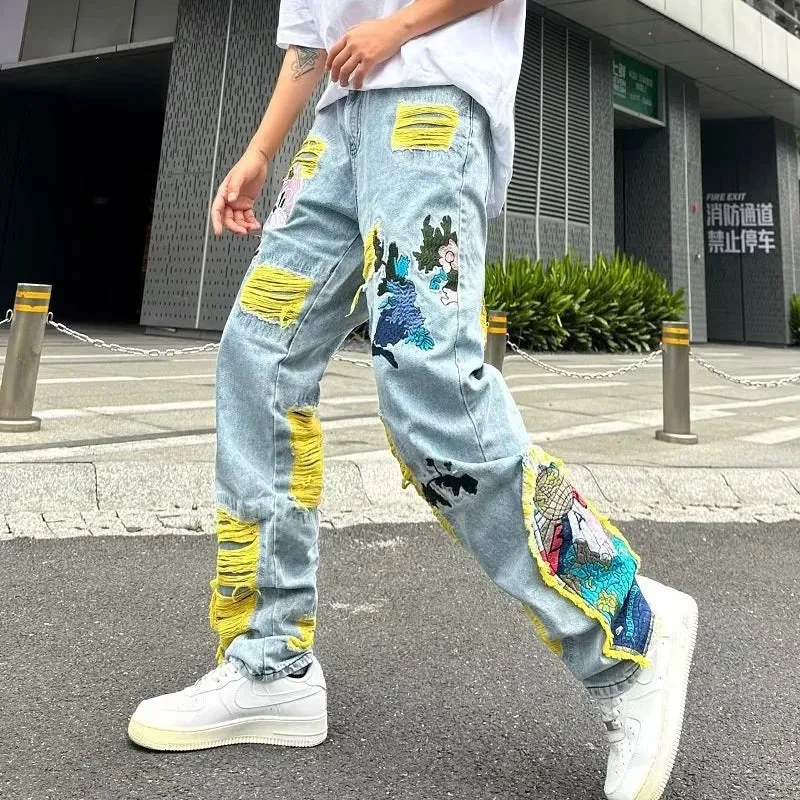 Bonsir Fashion Embroidery Jeans Men's Korean Pattern Youth Ripped Small Feet Teenagers Cowboy Pencil Denim Trousers
