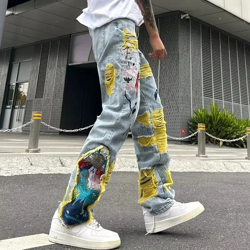 Bonsir Fashion Embroidery Jeans Men's Korean Pattern Youth Ripped Small Feet Teenagers Cowboy Pencil Denim Trousers
