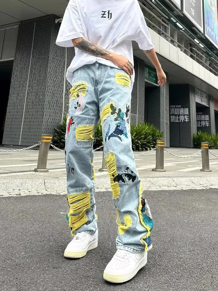 Bonsir Fashion Embroidery Jeans Men's Korean Pattern Youth Ripped Small Feet Teenagers Cowboy Pencil Denim Trousers
