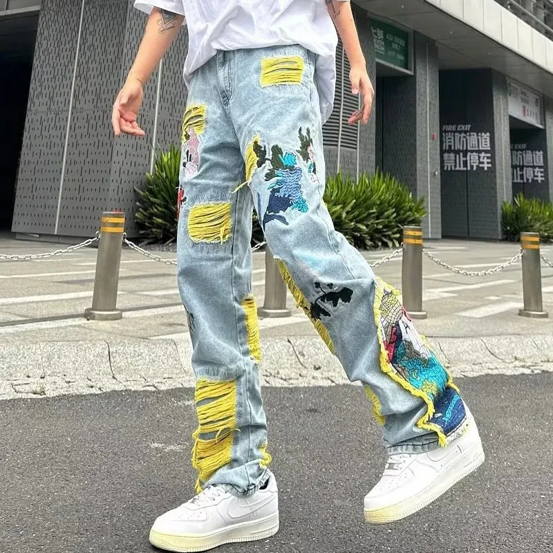 Bonsir Fashion Embroidery Jeans Men's Korean Pattern Youth Ripped Small Feet Teenagers Cowboy Pencil Denim Trousers
