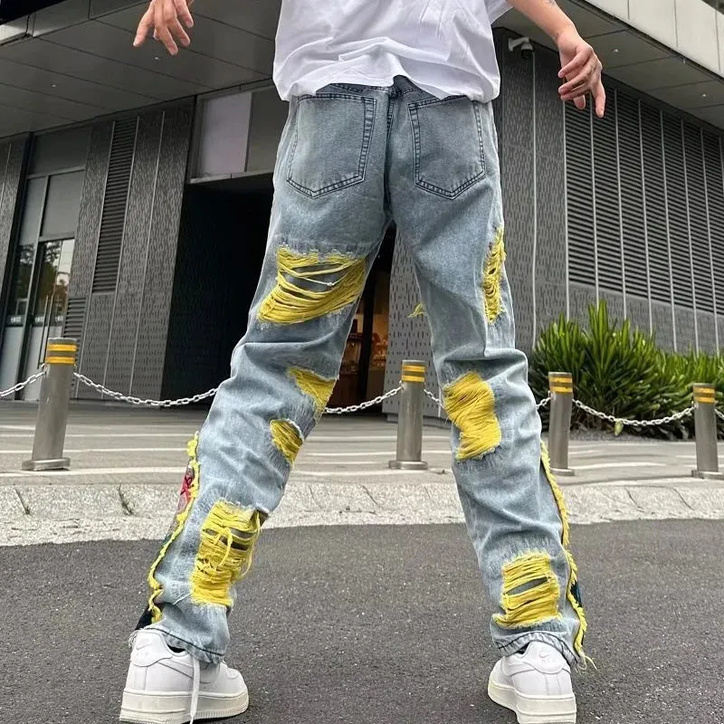 Bonsir Fashion Embroidery Jeans Men's Korean Pattern Youth Ripped Small Feet Teenagers Cowboy Pencil Denim Trousers