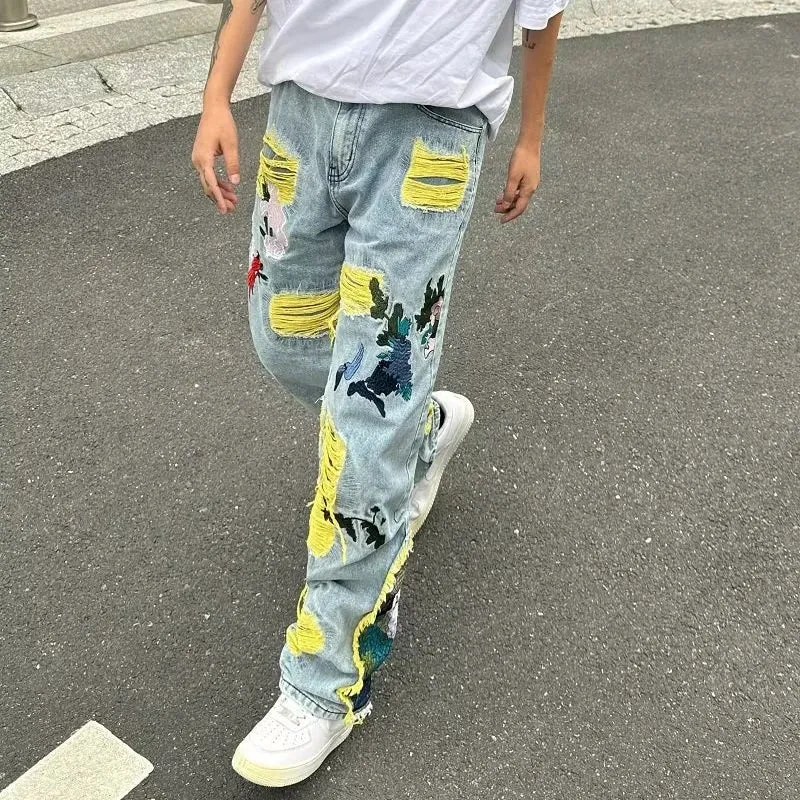 Bonsir Fashion Embroidery Jeans Men's Korean Pattern Youth Ripped Small Feet Teenagers Cowboy Pencil Denim Trousers