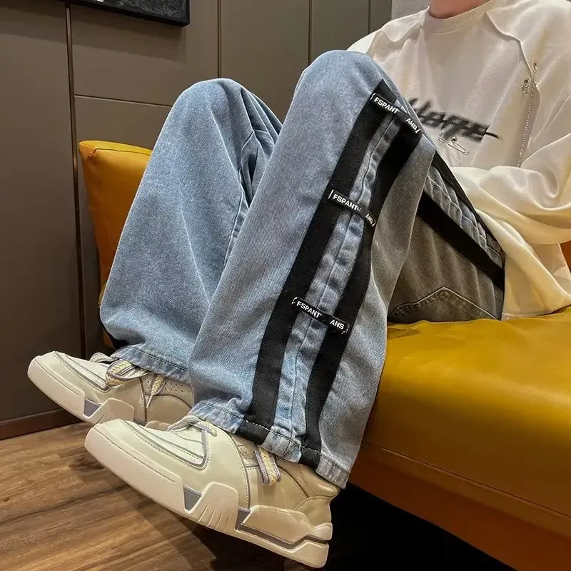 Bonsir Men Jeans Pants Black Wide Leg Oversize Cargo Korean Streetwear Hip Hop Harajuku Denim Trousers