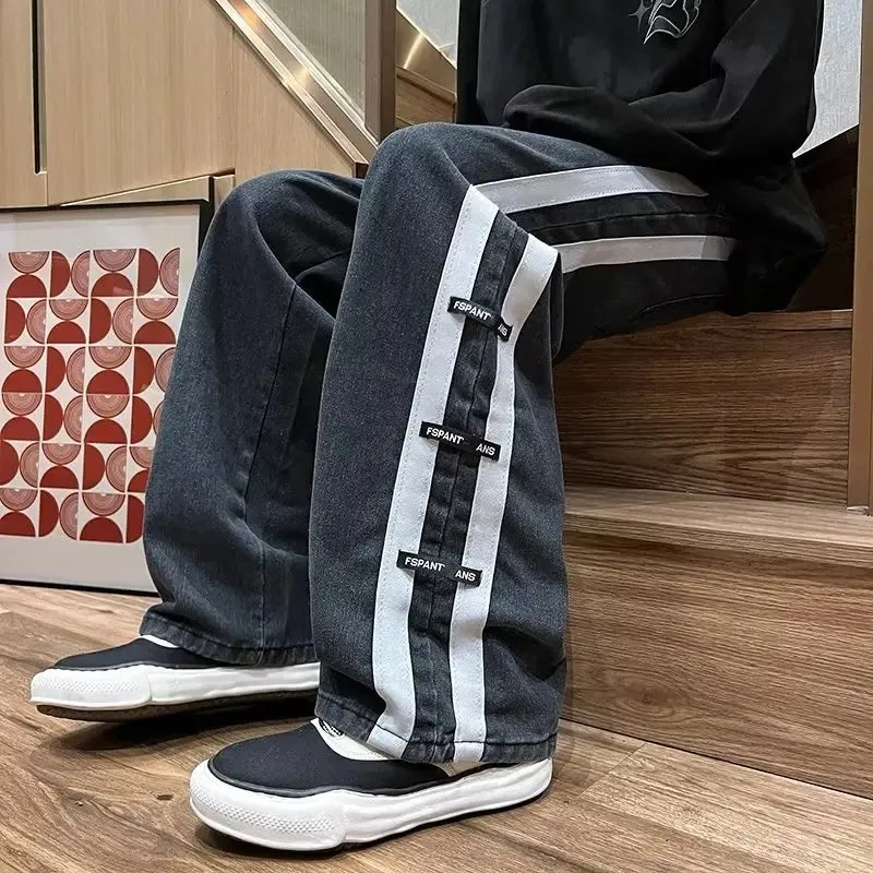 Bonsir Men Jeans Pants Black Wide Leg Oversize Cargo Korean Streetwear Hip Hop Harajuku Denim Trousers
