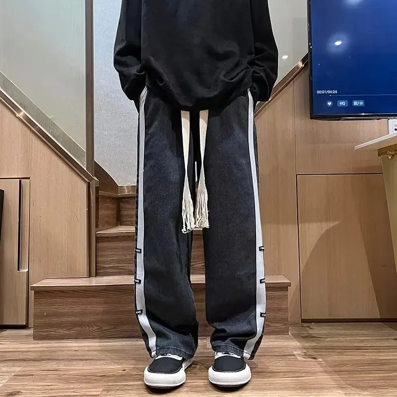 Bonsir Men Jeans Pants Black Wide Leg Oversize Cargo Korean Streetwear Hip Hop Harajuku Denim Trousers