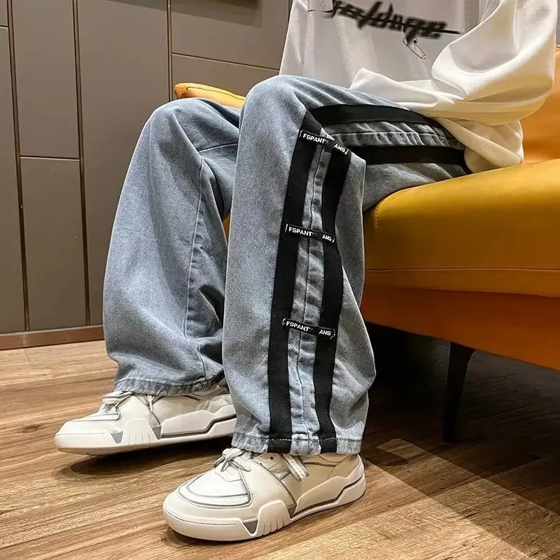 Bonsir Men Jeans Pants Black Wide Leg Oversize Cargo Korean Streetwear Hip Hop Harajuku Denim Trousers