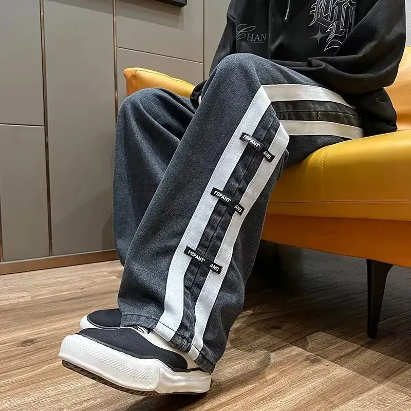 Bonsir Men Jeans Pants Black Wide Leg Oversize Cargo Korean Streetwear Hip Hop Harajuku Denim Trousers