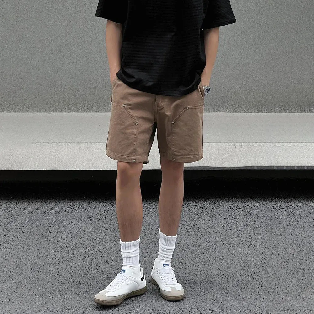Bonsir Mens Casual Metal Rivet Five-Quarter Pants Genderless 2024 New American Retro Personality Versatile Solid Color Shorts Unisex