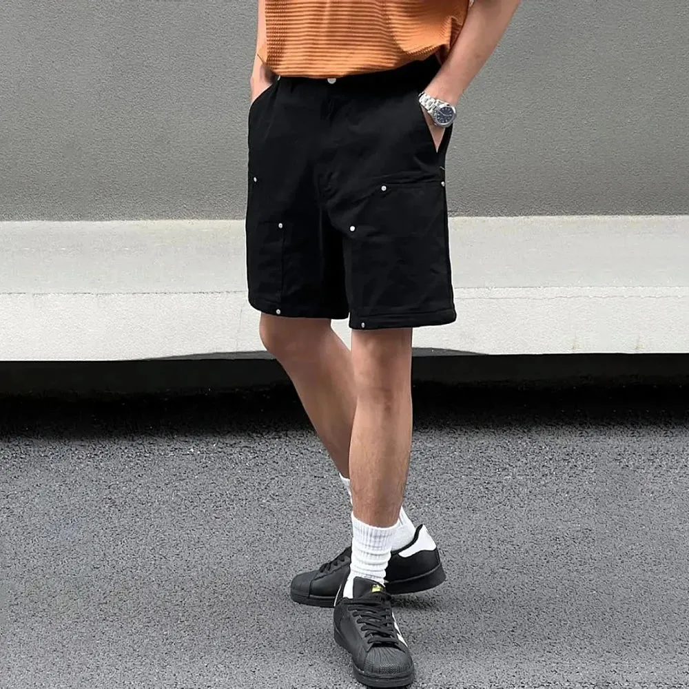 Bonsir Mens Casual Metal Rivet Five-Quarter Pants Genderless 2024 New American Retro Personality Versatile Solid Color Shorts Unisex