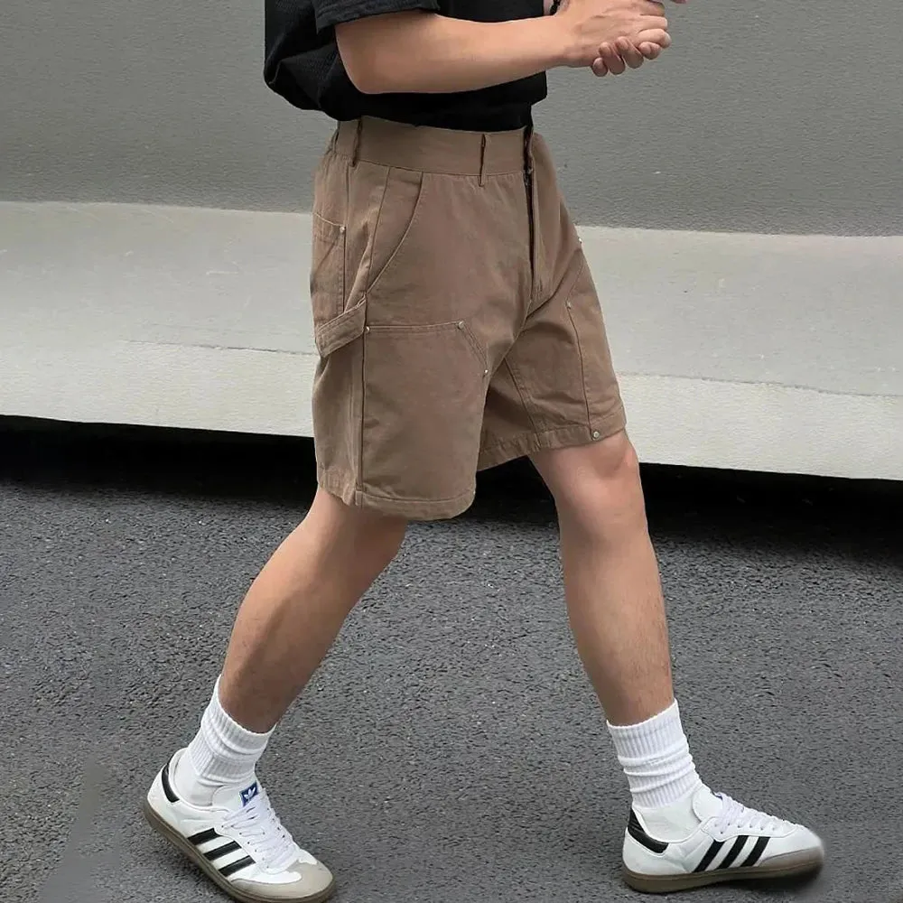 Bonsir Mens Casual Metal Rivet Five-Quarter Pants Genderless 2024 New American Retro Personality Versatile Solid Color Shorts Unisex
