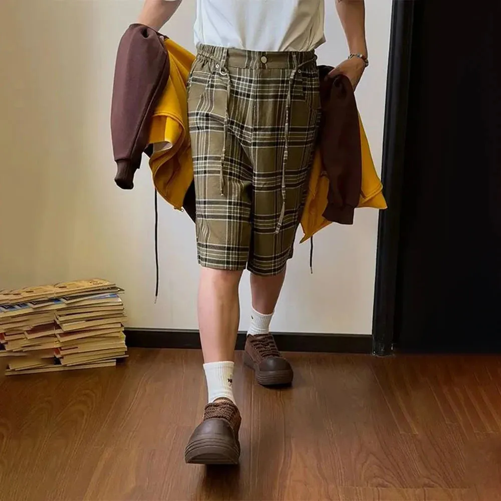 Bonsir Mens Casual Plaid Five-Quarter Pants Genderless 2024 Summer New American Retro Simple Personality Versatile Shorts Unisex