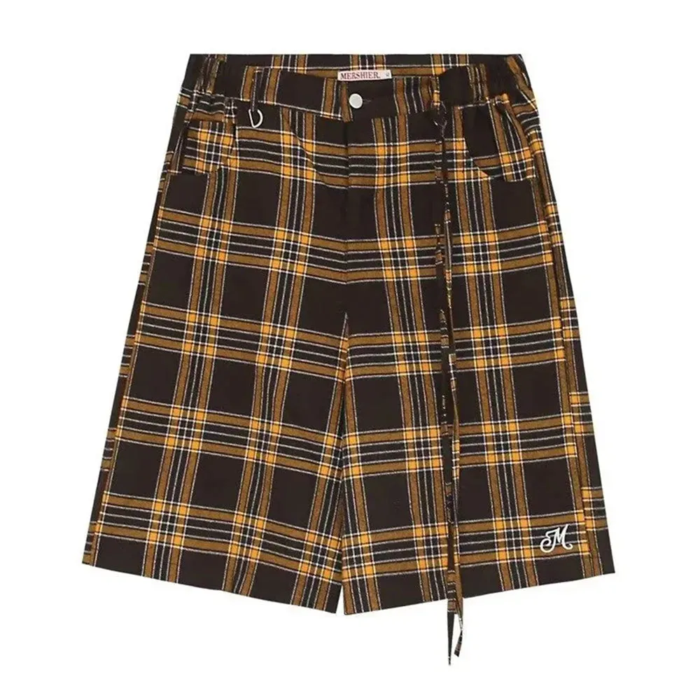 Bonsir Mens Casual Plaid Five-Quarter Pants Genderless 2024 Summer New American Retro Simple Personality Versatile Shorts Unisex