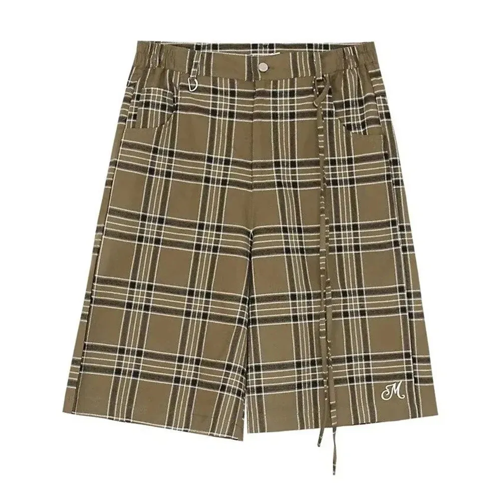 Bonsir Mens Casual Plaid Five-Quarter Pants Genderless 2024 Summer New American Retro Simple Personality Versatile Shorts Unisex
