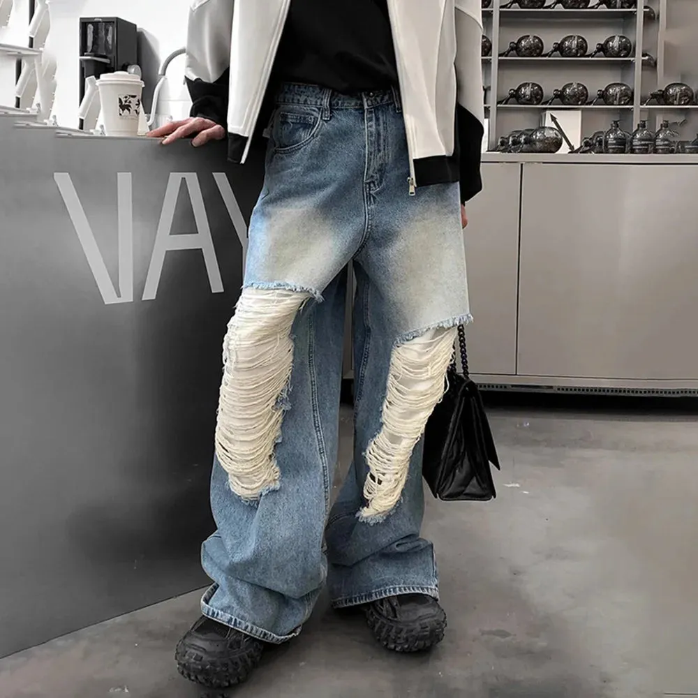 Bonsir Mens Clothing 2024 American Street Loose Trend Contrast Color Ripped Jeans Retro Distressed Straight Fashionable Casual Trousers