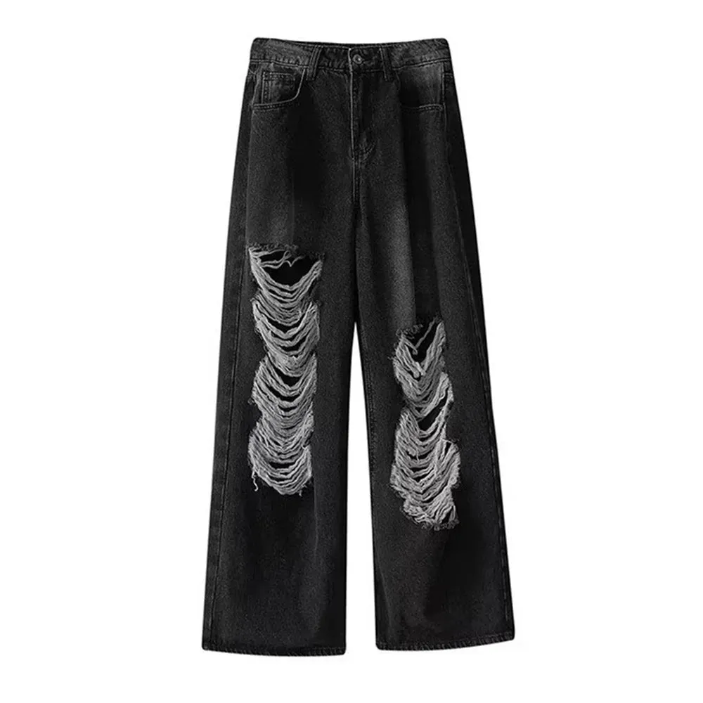 Bonsir Mens Clothing 2024 American Street Loose Trend Contrast Color Ripped Jeans Retro Distressed Straight Fashionable Casual Trousers