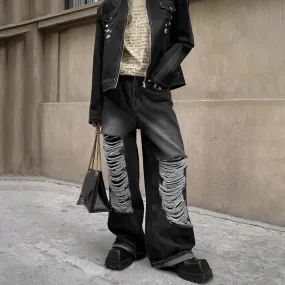 Bonsir Mens Clothing 2024 American Street Loose Trend Contrast Color Ripped Jeans Retro Distressed Straight Fashionable Casual Trousers