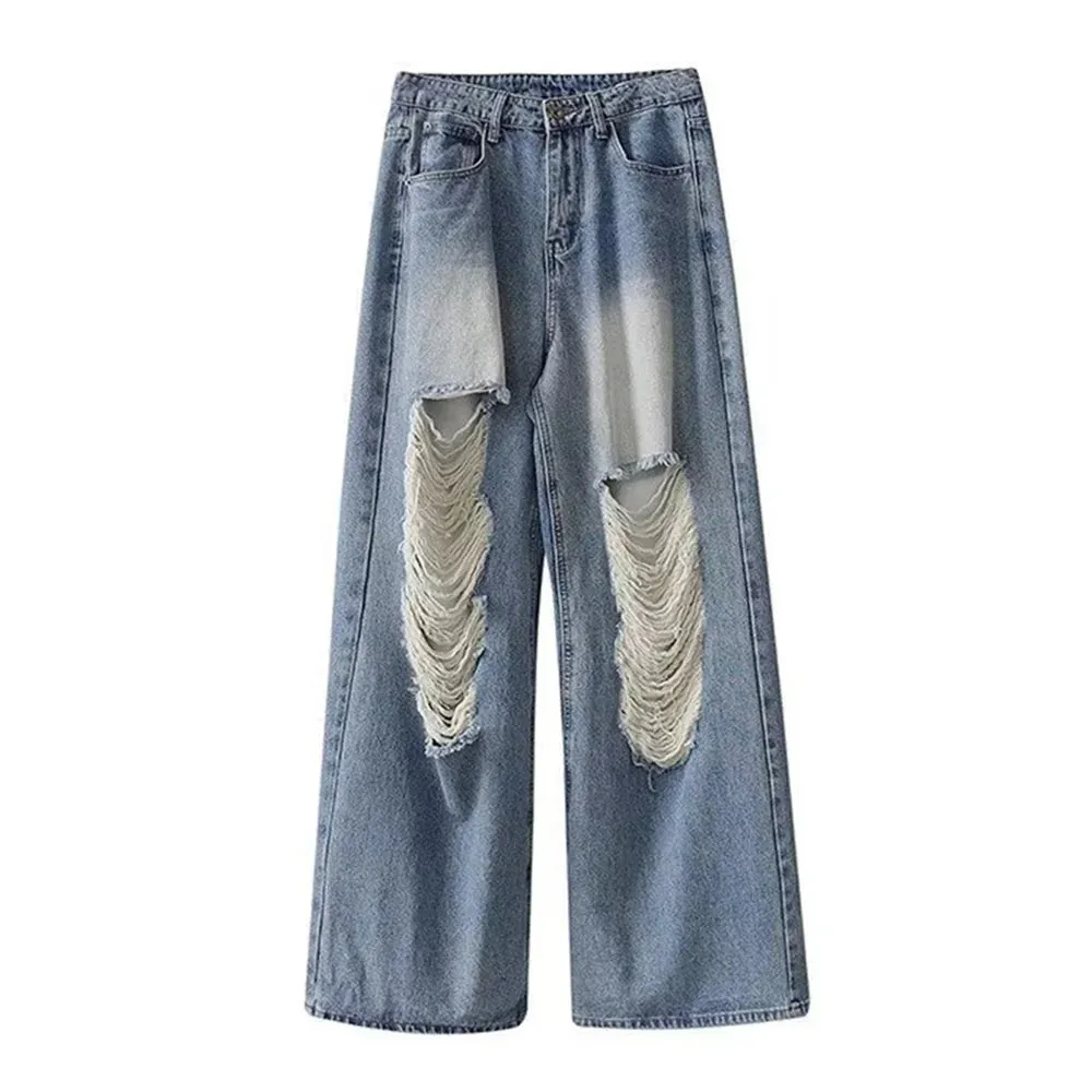 Bonsir Mens Clothing 2024 American Street Loose Trend Contrast Color Ripped Jeans Retro Distressed Straight Fashionable Casual Trousers