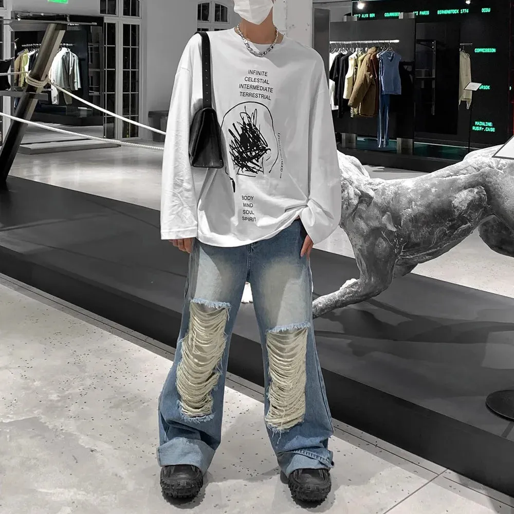Bonsir Mens Clothing 2024 American Street Loose Trend Contrast Color Ripped Jeans Retro Distressed Straight Fashionable Casual Trousers