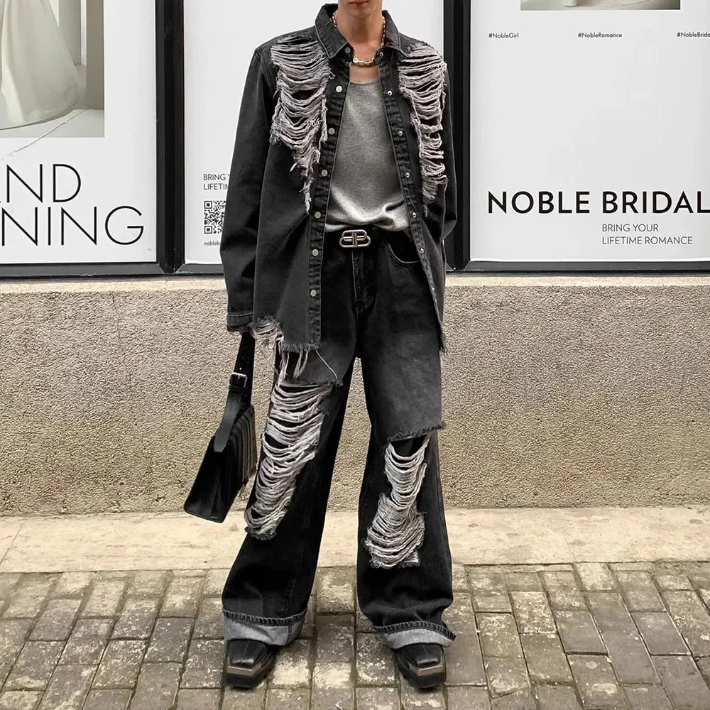 Bonsir Mens Clothing 2024 American Street Loose Trend Contrast Color Ripped Jeans Retro Distressed Straight Fashionable Casual Trousers