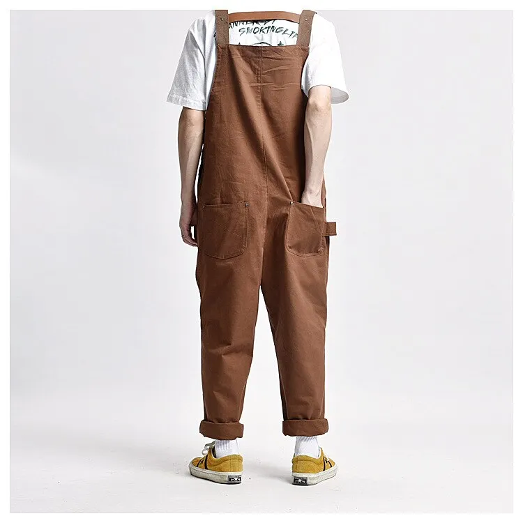 Bonsir Men's Loose Multi Pockets Cargo Bib Overalls Working Clothing Jumpsuits Jeans Pants Black Military Green Brown
