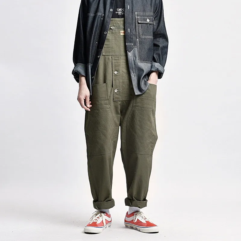Bonsir Men's Loose Multi Pockets Cargo Bib Overalls Working Clothing Jumpsuits Jeans Pants Black Military Green Brown