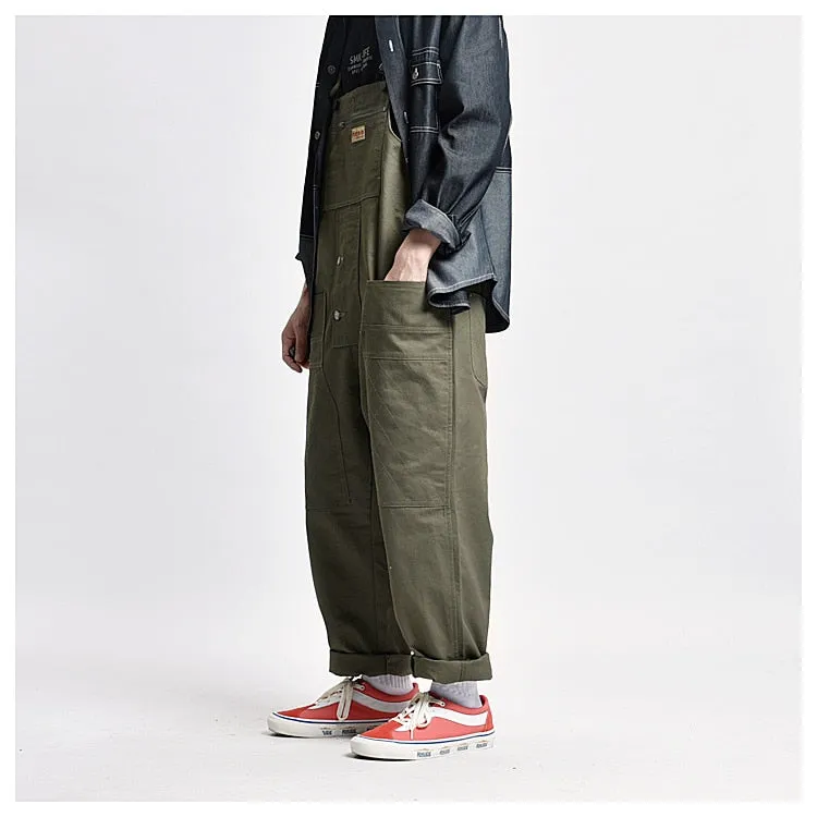 Bonsir Men's Loose Multi Pockets Cargo Bib Overalls Working Clothing Jumpsuits Jeans Pants Black Military Green Brown