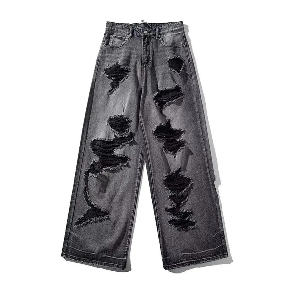 Bonsir Mens Ripped Casual Washed Jeans American Streetwear Temperament Loose Versatile Personality Straight Trousers Unisex 2024 Summer