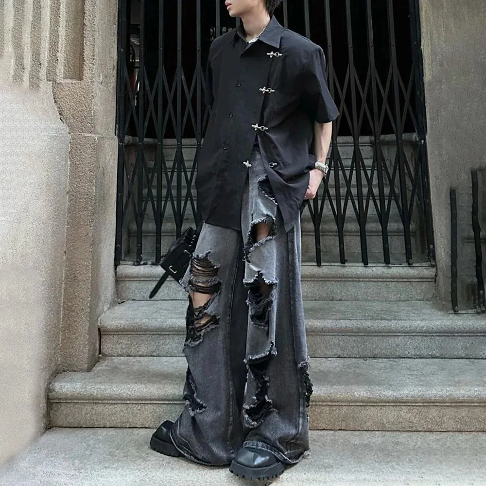 Bonsir Mens Ripped Casual Washed Jeans American Streetwear Temperament Loose Versatile Personality Straight Trousers Unisex 2024 Summer
