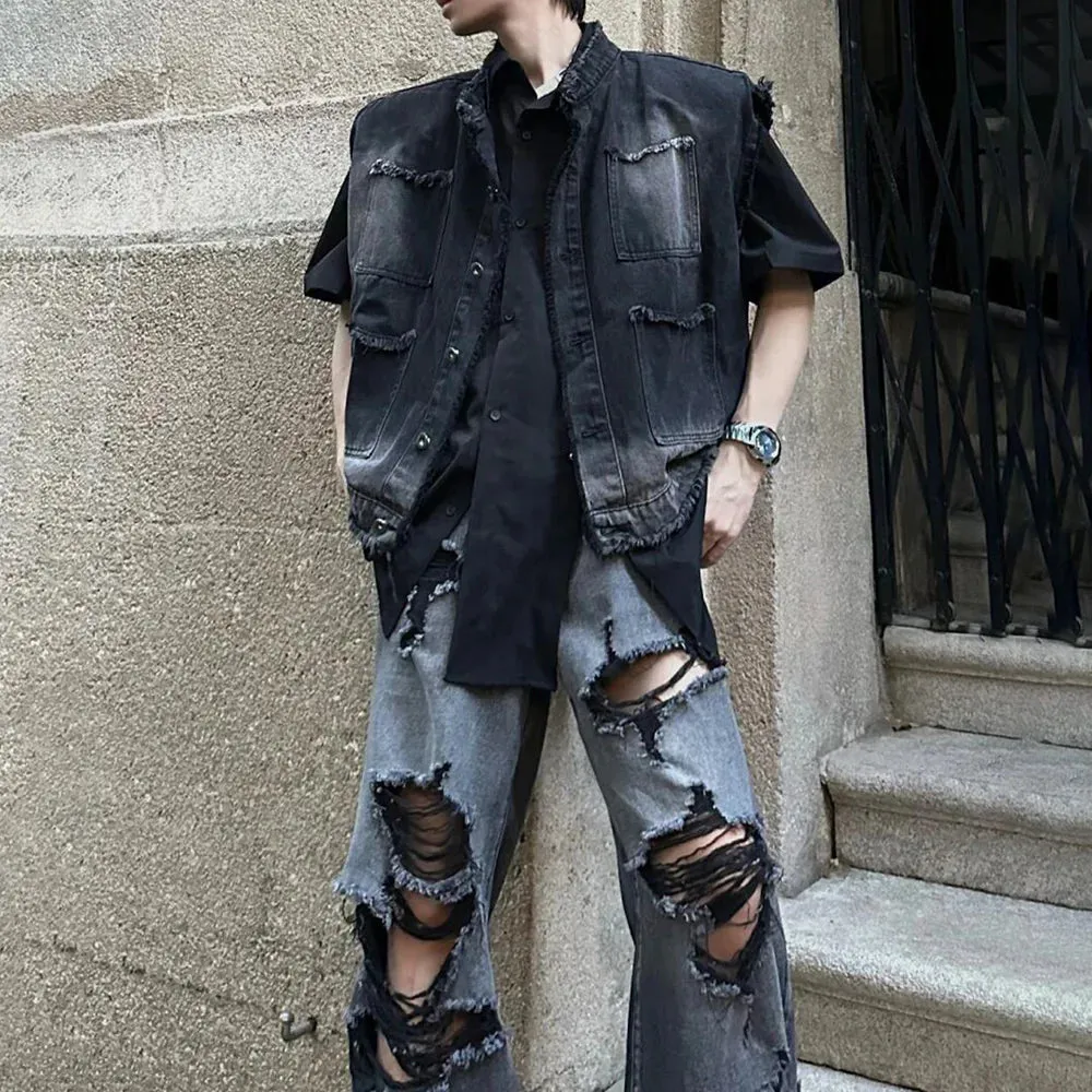 Bonsir Mens Ripped Casual Washed Jeans American Streetwear Temperament Loose Versatile Personality Straight Trousers Unisex 2024 Summer
