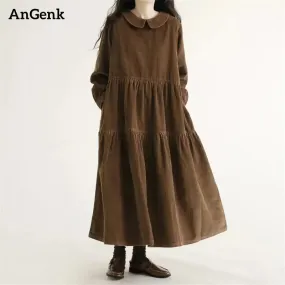 Cotton Solid Color Vintage Dresses For Women 2024 Spring Autumn Casual Korean Style Fashion Elegant Dress Office Lady Clothing