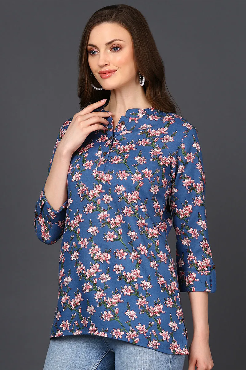 Dark Blue Cotton Blend Floral Printed Tunic Top