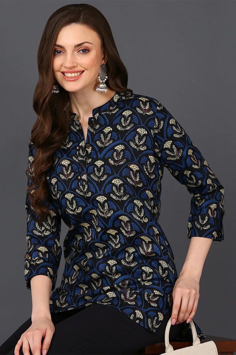 Deep Blue & Grey Cotton Blend Ethnic Printed Tunic Top