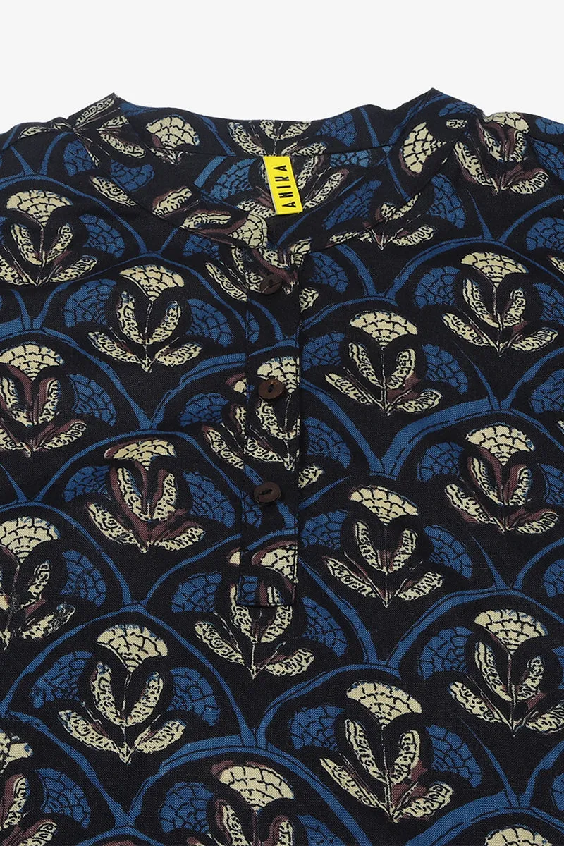 Deep Blue & Grey Cotton Blend Ethnic Printed Tunic Top
