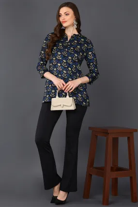 Deep Blue & Grey Cotton Blend Ethnic Printed Tunic Top