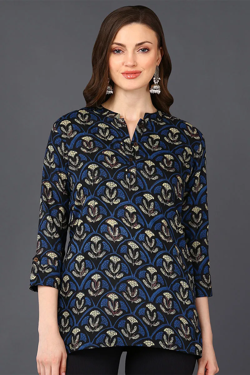 Deep Blue & Grey Cotton Blend Ethnic Printed Tunic Top