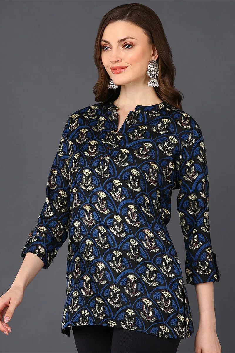 Deep Blue & Grey Cotton Blend Ethnic Printed Tunic Top