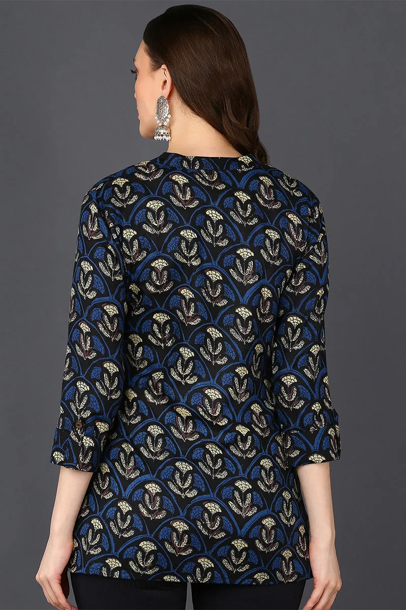 Deep Blue & Grey Cotton Blend Ethnic Printed Tunic Top