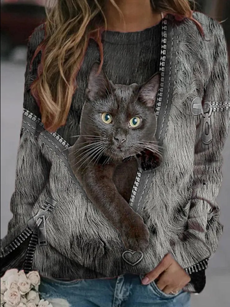Fashionkova   Fashion Women Round Neck Pullover Cat Long Sleeve T-Shirt Casual Printed Autumn Cotton Long Ladies Shirt Loose Street Tops