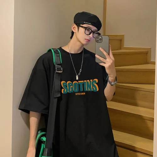 Oversized Letter Print Cotton T Shirts Mens Summer Fashion Graphic Streetwear Teenage Loose Crewneck Pullover Tops Casual Tees