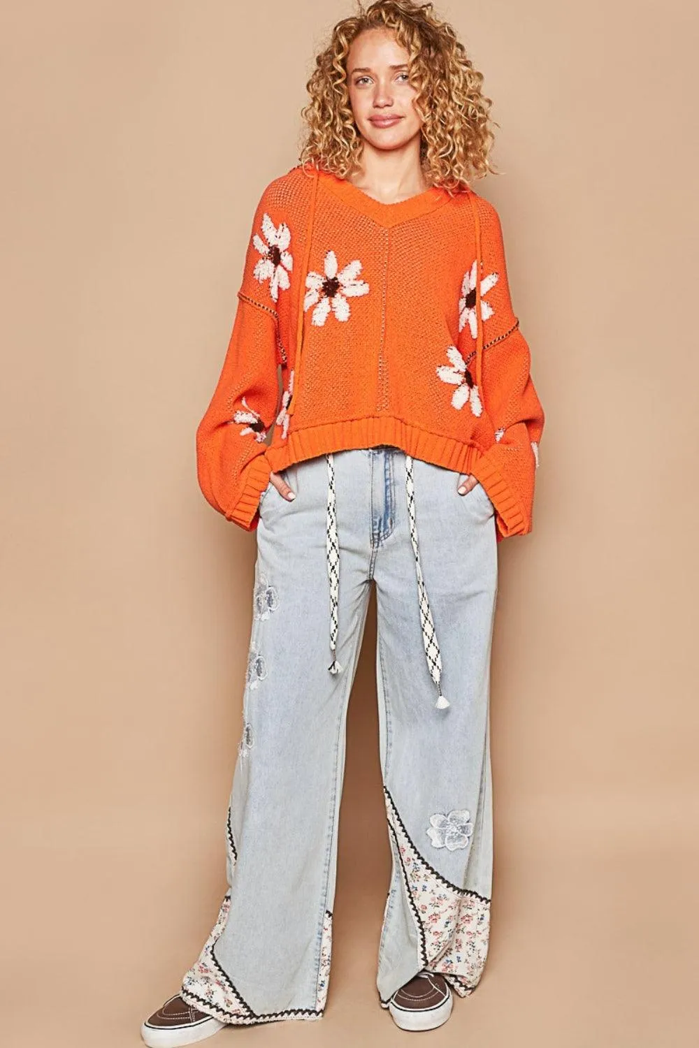 POL Sweater Orange Floral Pattern Hooded High-Low Pullover