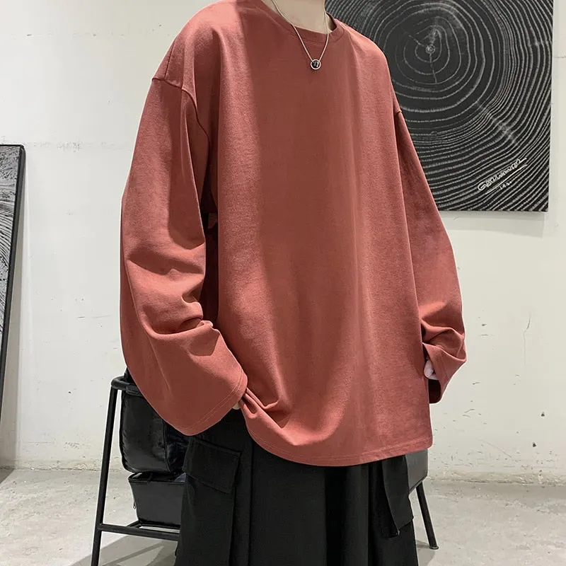 Riolio Loose Sweatshirts Men Solid T Shirt Neutral Streetwear Fashion Women Korean Clothes Cotton Pullover Long Sleeve T-shirts Man