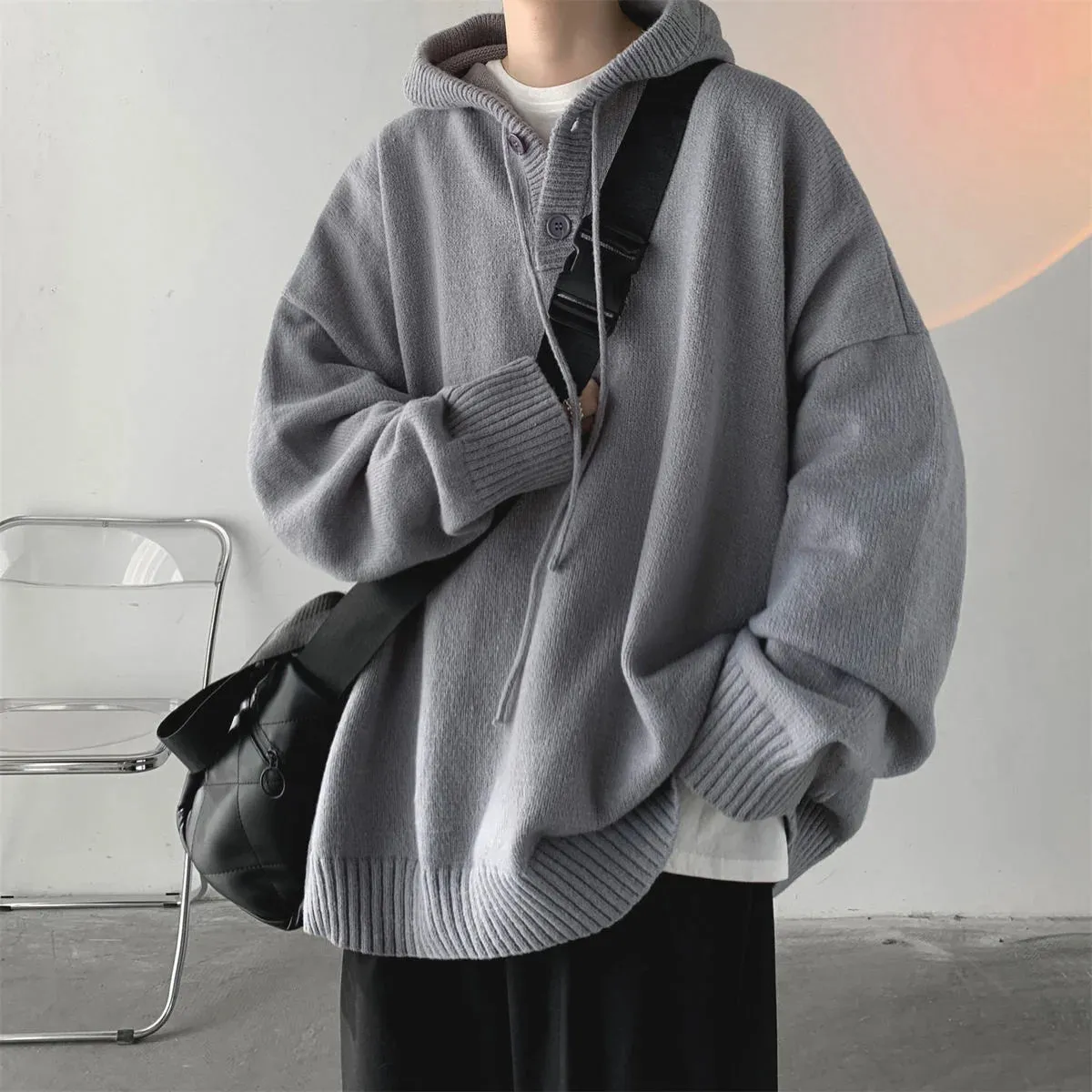 Riolio MENS HOODIE Winter Hooded Sweater Men Warm Fashion Casual Knit Pullover Men Korean Grey Black Loose Long Sleeve Sweater Mens Jumper Clothes