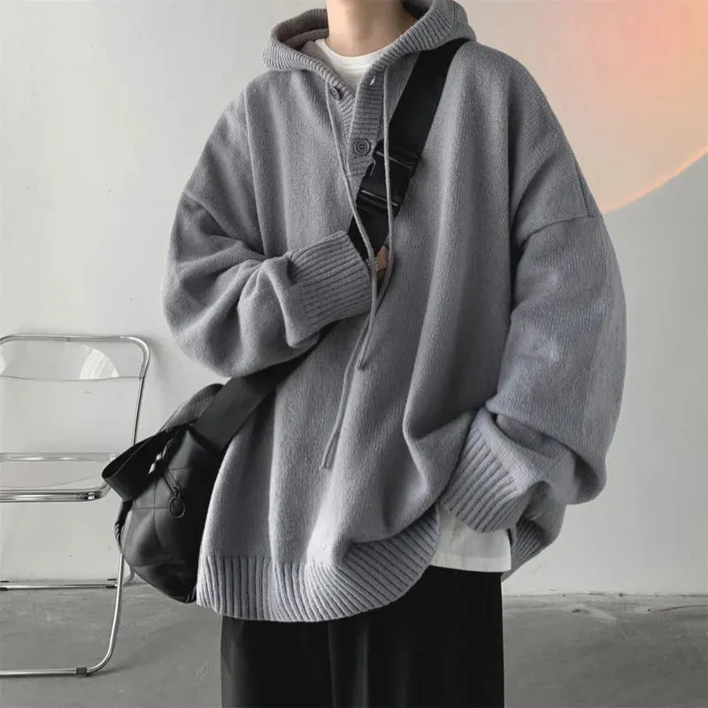 Riolio MENS HOODIE Winter Hooded Sweater Men Warm Fashion Casual Knit Pullover Men Korean Grey Black Loose Long Sleeve Sweater Mens Jumper Clothes