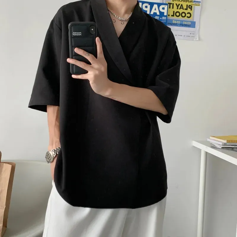 Riolio Summer Black White Pullover Shirt Men Fashion Oversized Casual Shirt Men Korean Loose Short Sleeve Shirts Mens Dress Shirt M-2XL
