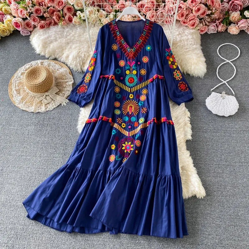 Uniwim Vintage Chic Women  Floral Embroidery Beach Bohemian Mini Dress Ladies Short Sleeve V-neck Cotton and Linen Boho Dresses Vestido