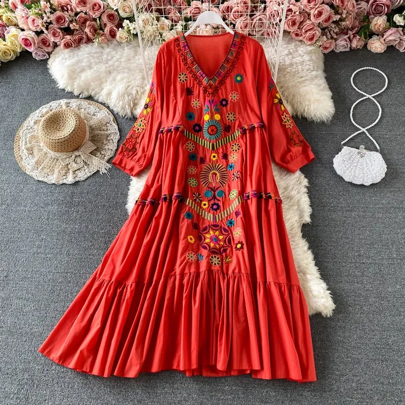 Uniwim Vintage Chic Women  Floral Embroidery Beach Bohemian Mini Dress Ladies Short Sleeve V-neck Cotton and Linen Boho Dresses Vestido