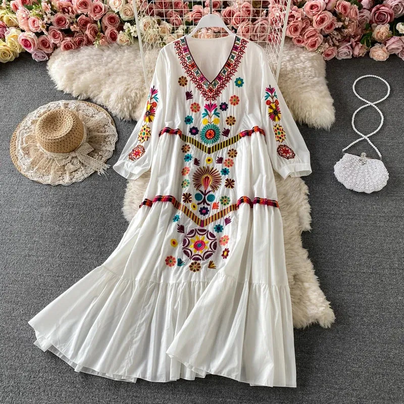 Uniwim Vintage Chic Women  Floral Embroidery Beach Bohemian Mini Dress Ladies Short Sleeve V-neck Cotton and Linen Boho Dresses Vestido