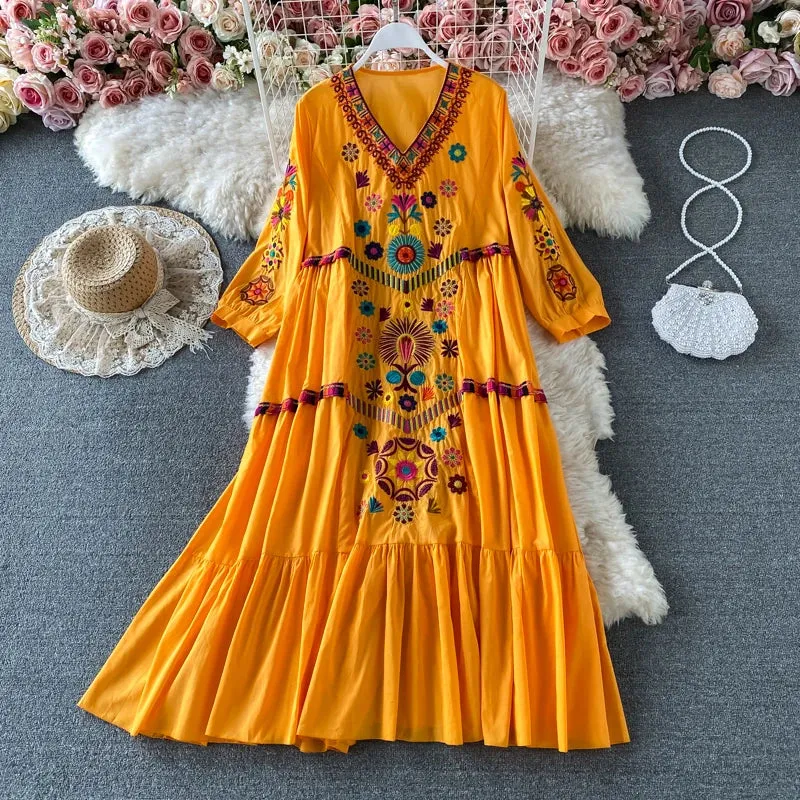 Uniwim Vintage Chic Women  Floral Embroidery Beach Bohemian Mini Dress Ladies Short Sleeve V-neck Cotton and Linen Boho Dresses Vestido