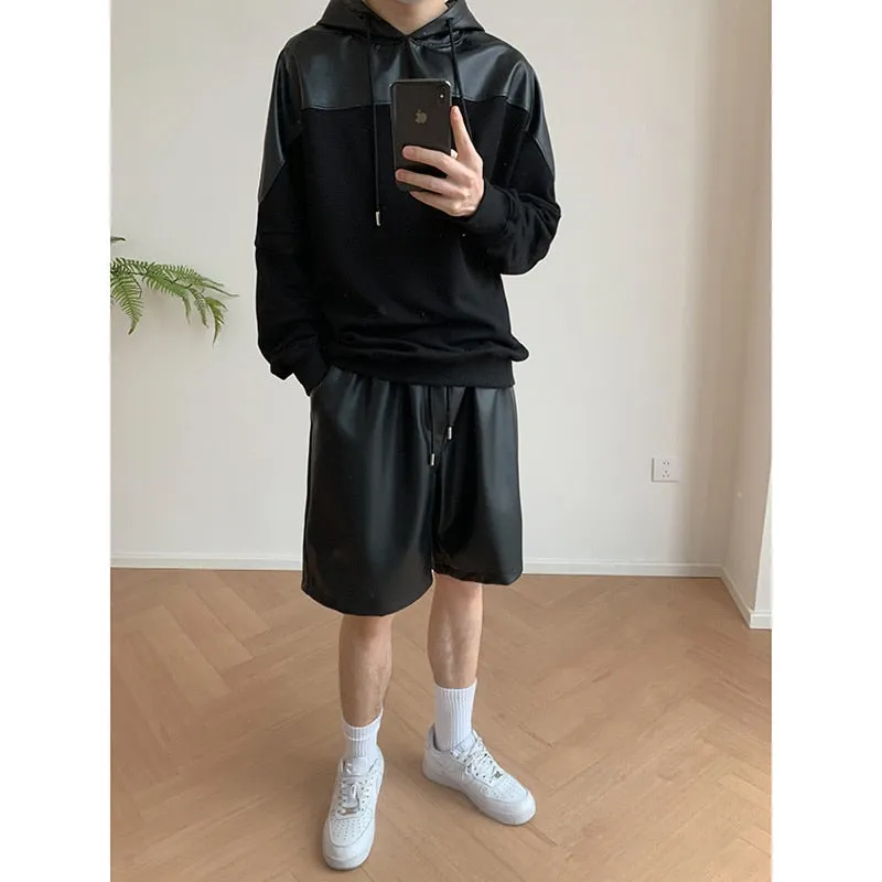 xiangtuibao Pink Black Leather Hoodies Men Fashion Oversized Hooded Sweatshirt Mens Streetwear Korean Loose Hip-hop Pullover Hoodie Men